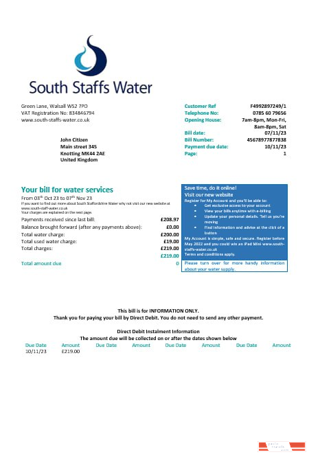 United Kingdom South Staffs Water water  utility bill Word and PDF formats, version 2